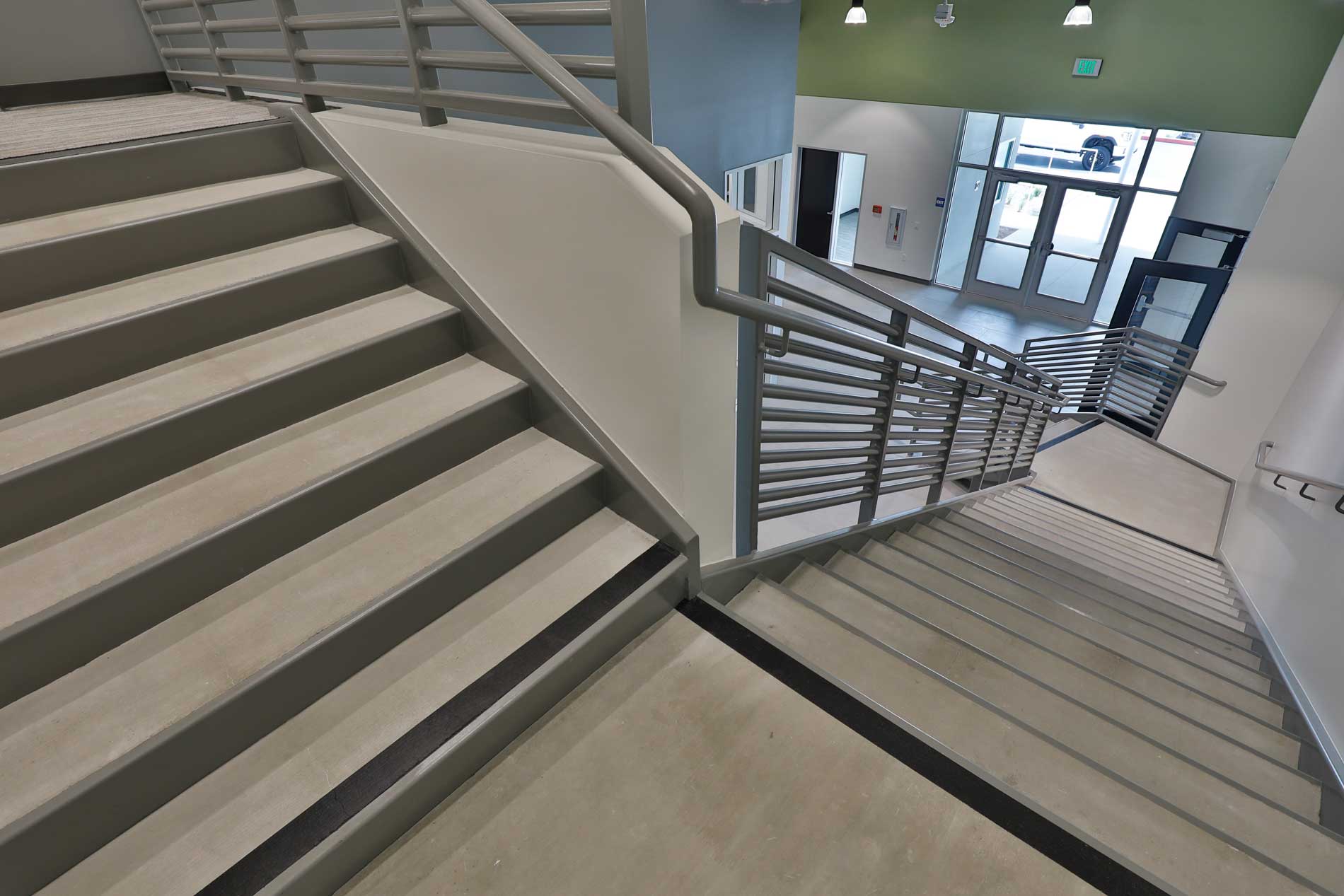 View looking down the stairs at Ontario Christian High School and student center